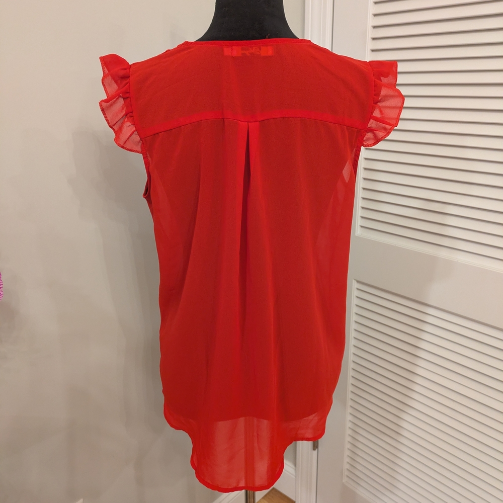 Elegant Red Button-Down Blouse with Ruffle Sleeves Size L - Picture 2 of 2
